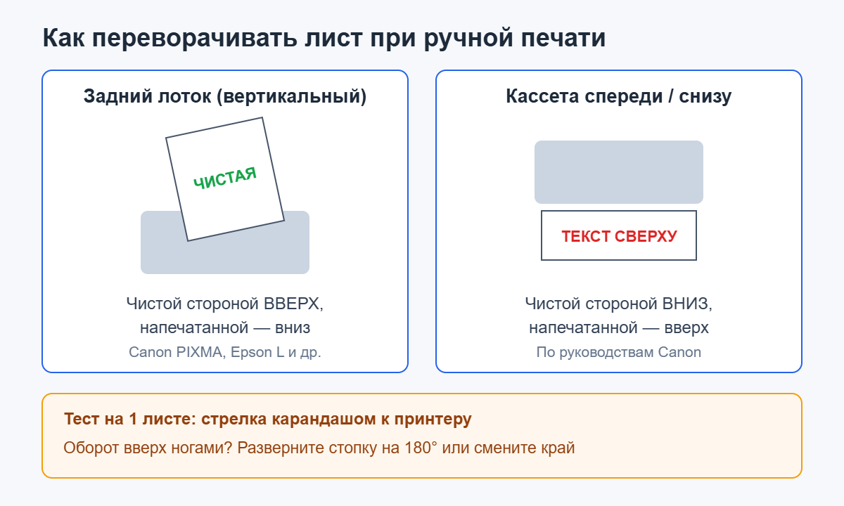 Как печатать с двух сторон вручную: как переворачивать лист для заднего лотка и кассеты