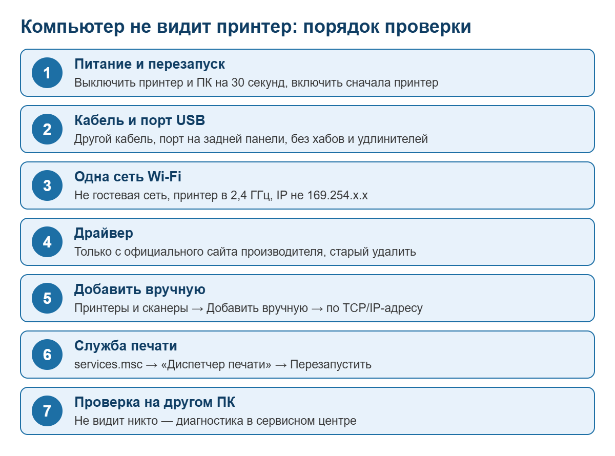 Порядок проверки, если компьютер не видит принтер: питание, USB, Wi-Fi, драйвер, добавление вручную, служба печати