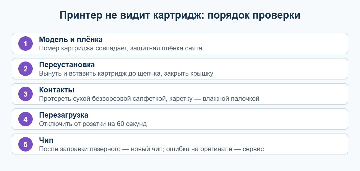 Принтер не видит картридж — порядок проверки по шагам