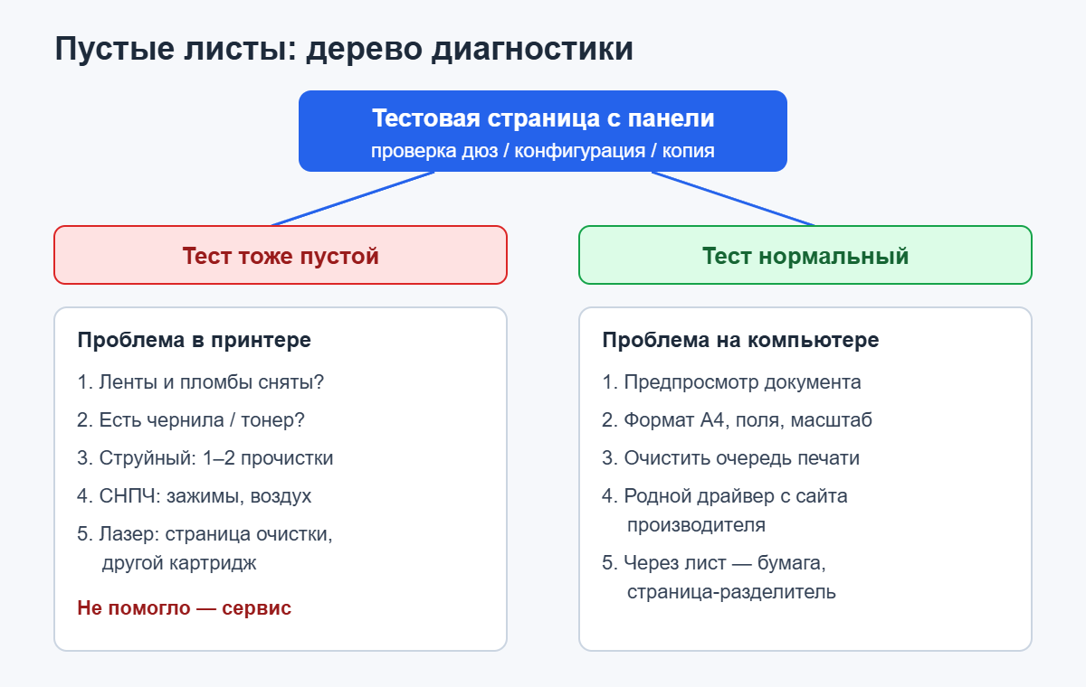 Принтер печатает пустые листы: дерево диагностики по тестовой странице